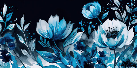 Watercolor floral background with dreamy intricate details playing with pastel hues and mysterious black and blue plants. Generative AI