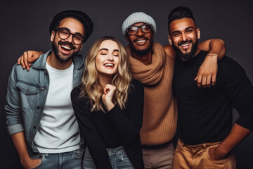 Wall Mural - Four fun loving multiethnic males and females posing in studio against dark background. Generative AI.