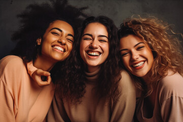 Wall Mural - Three fun loving playful smiling multiethnic women posing in the studio against gray background. Generative AI.