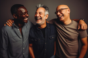 Wall Mural - Three fun loving smiling cheerful multiethnic middle age males posing in studio against dark background. Generative AI.