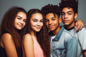 Wall Mural - Four fun loving multiethnic teen males and females posing in studio against blue background. Generative AI.