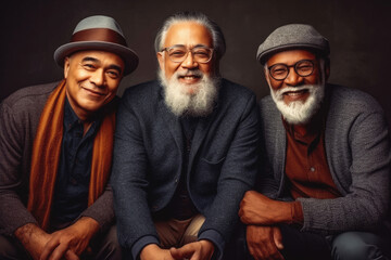 Wall Mural - Three fun loving smiling cheerful multiethnic older males posing in studio against dark background. Generative AI.