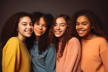 Wall Mural - Four fun loving playful smiling multiethnic women posing in the studio against dark background. Generative AI.