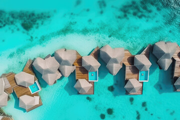 Top down view on villas on the tropical beach with steps into water. Beautiful beach with clear blue water and sunny water bungalows. Generative AI.