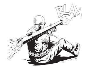 Wall Mural - Comics style drawing or illustration of a World War Two American GI soldier firing bazooka or stovepipe viewed from rear on isolated background in black and white retro style.