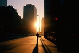 Fototapeta Londyn - A person walking at sunset in New York City. Generative AI.