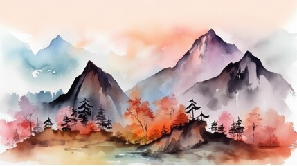 Watercolor mountain scenery with soft lines