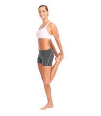 Canvas Print - Portrait, fitness and woman stretching legs, exercise and confident girl isolated against a transparent background. Face, female athlete and person stretch leg, workout goal and png with wellness