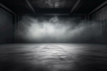 Abstract image of dark room concrete floor. Black room or stage background for product placement.Panoramic view of the abstract fog. White cloudiness, mist or smog moves on black. Generative AI