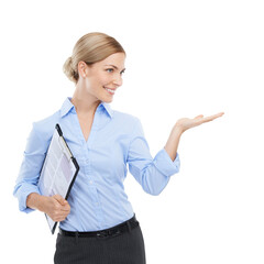 Business woman, hand and palm with clipboard for promotion, recruitment advertising or branding and contract marketing. Smile, happy worker and hr manager isolated on a transparent png background