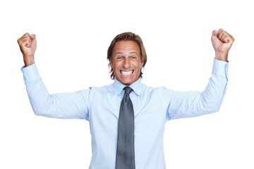 Portrait, winner and business man in celebration isolated on a transparent png background. Success, celebrate and mature person excited for winning, promotion or bonus, goal achievement or good news.