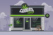Cannabis shop building exterior. Medical Marijuana store with a creative sign, entrance group and showcases. Retail business selling legal CBD hemp products. Front view. Vector illustration