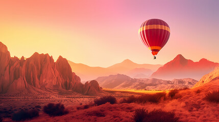 Sticker - A hot air balloon flying over a mountain range. AI generative image