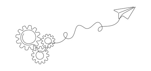 Gears wheels and paper plane in one continuous line drawing. Machinery cogwheels in simple linear style. Symbol of new idea business teamwork and start up. Editable stroke. Doodle vector illustration
