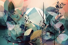 Abstract Artistic Background. Artistic Drawing With Abstract Shapes. Leaves, Plants, Geometric Patterns. Digital Painting. Generative AI