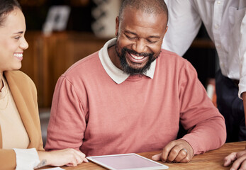 Poster - Tablet, teamwork and smile with business people in office for planning, website and research mockup. Happy, solution and technology with black man in meeting for review, project management and mentor