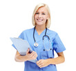 © Suresh/peopleimages.com - Portrait, medical and documents with a nurse woman isolated on a transparent background. Hospital, insurance and healthcare with a happy female medicine professional holding a clipboard on png