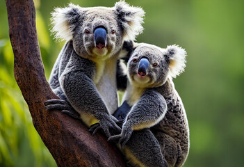 two koala bears sitting on eucalyptus tree in Australia, generative AI