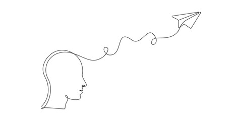 Leinwandbilder - Person with confused feelings in one continuous line drawing. Men head profile who worried about mental health and paper plane in simple linear style. Editable stroke. Doodle vector illustration