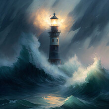 Oil Painting Of A Lighthouse Being Hit By Waves In A Stormy Ocean Generative Ai