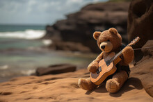 Teddy Bear On The Beach Playing Guitar