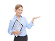 © Krunal/peopleimages.com - Portrait, hr and gesture with a business woman isolated on transparent png background. Review, brand or data with a female employee holding a clipboard for a survey, product research or advertising