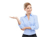 © Krunal/peopleimages.com - Happy, portrait and business woman with hand and space for presentation, solution or choice. Professional female marketing product, logo or brand with a smile isolated on transparent png background