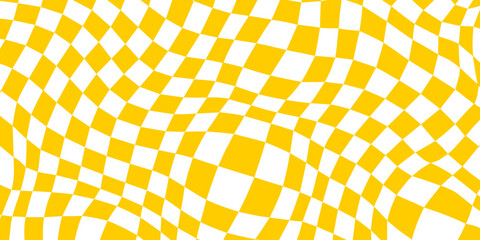 Wall Mural - Trippy checkerboard background. Yellow retro psychedelic checkered wallpaper. Wavy groovy chessboard surface. Distorted and twisted geometric pattern. Abstract vector backdrop