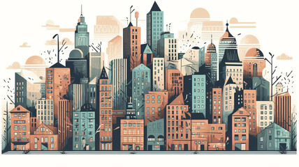 Wall Mural - City skyline background illustration drawing style, building and architecture.