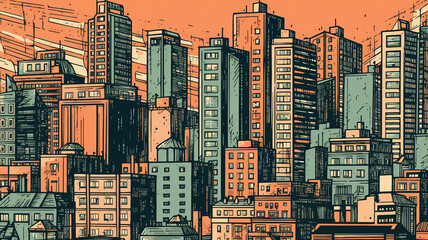 Wall Mural - City skyline background illustration drawing style, building and architecture.