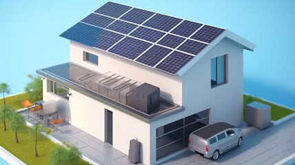 Wall Mural - Illustration of sustainable home powered by green energy and solar panels.