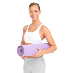 Sticker - Woman, wellness portrait and holding yoga mat for exercise, weight loss and body goal by transparent png background. Isolated model, excited face and happy for pilates training, fitness or meditation