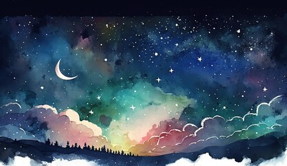 sky with clouds and star watercolor background