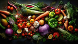 Fototapeta Kuchnia - Top view of various salad vegetables on the dark black background. Fresh fruit and Vegetable concept. Nutrition and vitamin theme. Generative AI