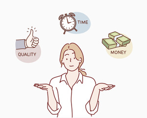 Wall Mural - business woman contemplating over conflicting interrelated values triangle. time, money cost or qual