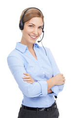 Call center, portrait and woman with arms crossed and headset for customer support. Happy female consultant, telemarketing agent or sales and telecom employee isolated on transparent, png background