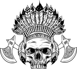 Sticker - Vector monochrome illustration of stylized skull wearing native American war bonnet.