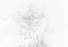 Grey Smoke Puff, White Background And Studio With No People With Fog In The Air. Smoking, Smog Swirl And Isolated With Smoker Art From Cigarette Or Pollution With Graphic Space For Incense Creativity