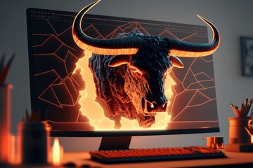 Wall Mural - Fire sculpture of angry bull head in front of computer screen, Bullish divergence in Stock market and Crypto currency. Created Generative Ai