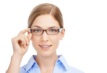 Portrait, face or PNG with woman in glasses isolated on a transparent background for vision. Eyewear, eyesight and optometry with an attractive young female person posing in prescription frame lenses