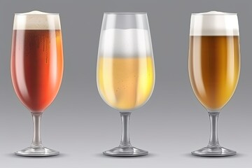 Canvas Print - three glasses of beer with different colors and foam levels. Generative AI