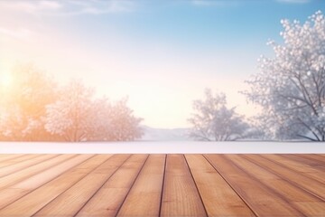 Poster - winter scenery with wooden floor in foreground. Generative AI