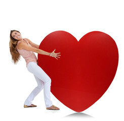 Wall Mural - Heart, love and pulling with woman on png background for happy, romance and valentines day. Heavy, weight and affectionate with female isolated on transparent for comedy, date and kindness