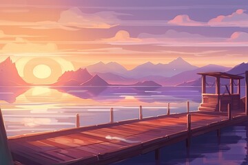 Canvas Print - serene pier with majestic mountains in the backdrop. Generative AI