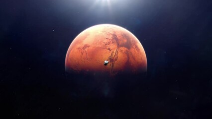 Wall Mural - Wide Shot of an Asteroid Flying Past the Camera and Impacting Mars the Red Planet