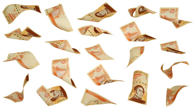 3D rendering of set of Venezuelan bolivar notes flying in different angles and orientations isolated on transparent background