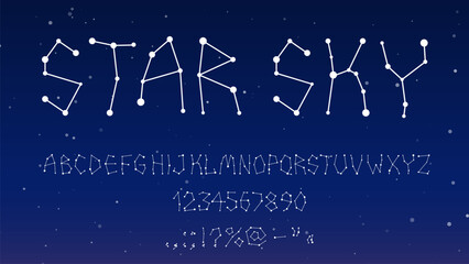 Star space font type, starry typeface or galaxy alphabet, vector letters constellation. Stars font type or typography typeset with zodiac constellation of ABC alphabet in connected stars in sky