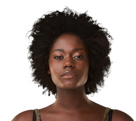 portrait, makeup and beauty cosmetics with a black woman for natural hair care. face headshot, glow 