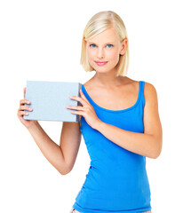 Poster - Portrait, box and woman with mockup space isolated on a transparent png background. Product placement, commercial and female person with package for advertising, marketing or promotion for branding.