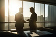 © MVProductions - Two businessmen discussing a project in a office with morning sun shining through the window. High quality generative ai